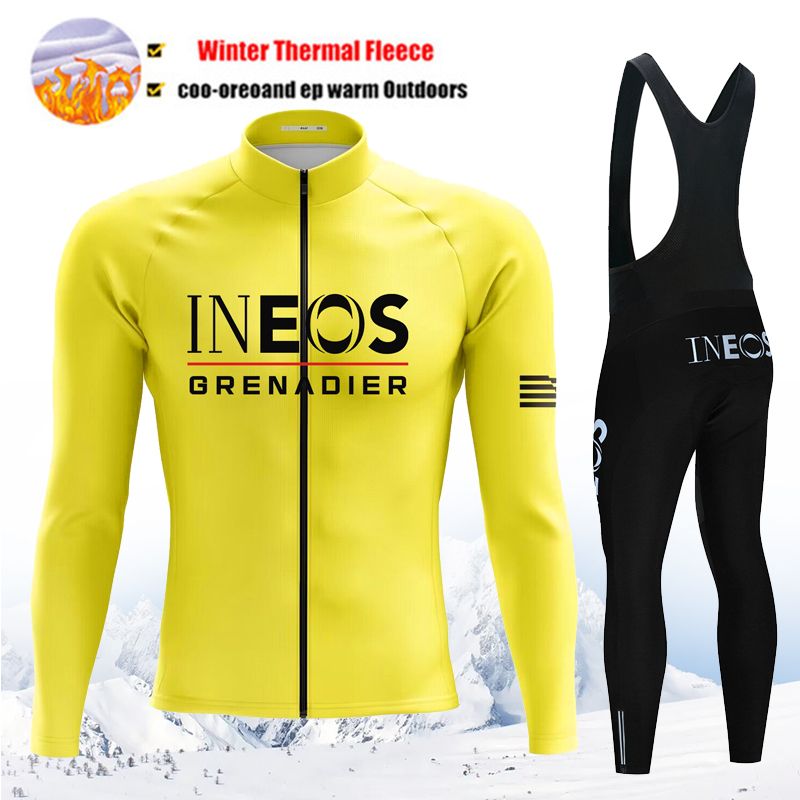 Yellow Cycling Gear - INEOSチーム ウィンターサイクリングジャージセット イエロー サイクリングウェア MTB自転車用ウェア 保温