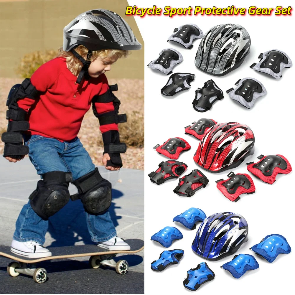 Cycling Protective Gear Kids - 7 個の自転車スポーツ保護具セット調整可能な子供用安全スケートヘルメットパッドセット 48-55 センチメートルスケートボード/バイク/スケート/サイクリング用