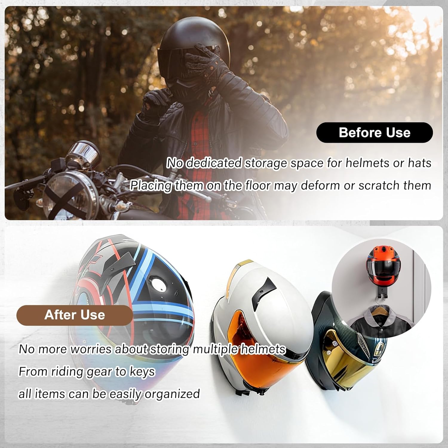 オートバイヘルメットホルダー壁掛け、頑丈なヘルメットハンガー - Cycling Gear Stand のレビューと価格